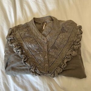 free people sage green button up blouse with lace and ruffle detailing